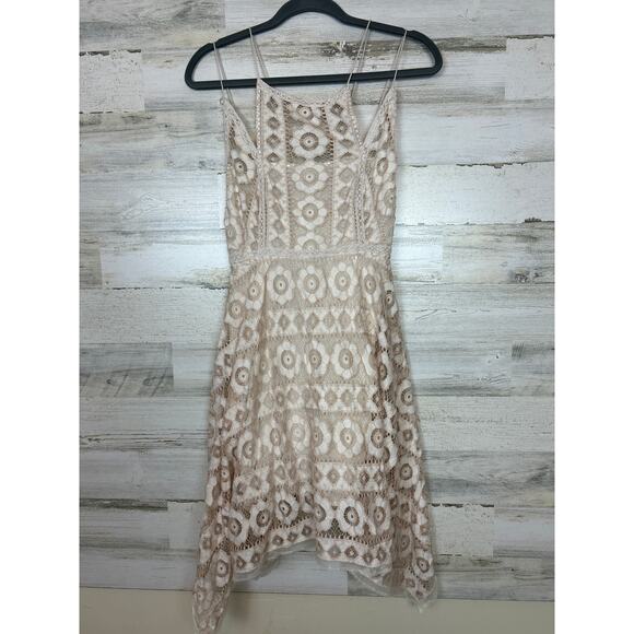 Free People women's xs Just Like honey Beige ivory Lace mini Dress boho lined - Picture 3 of 8